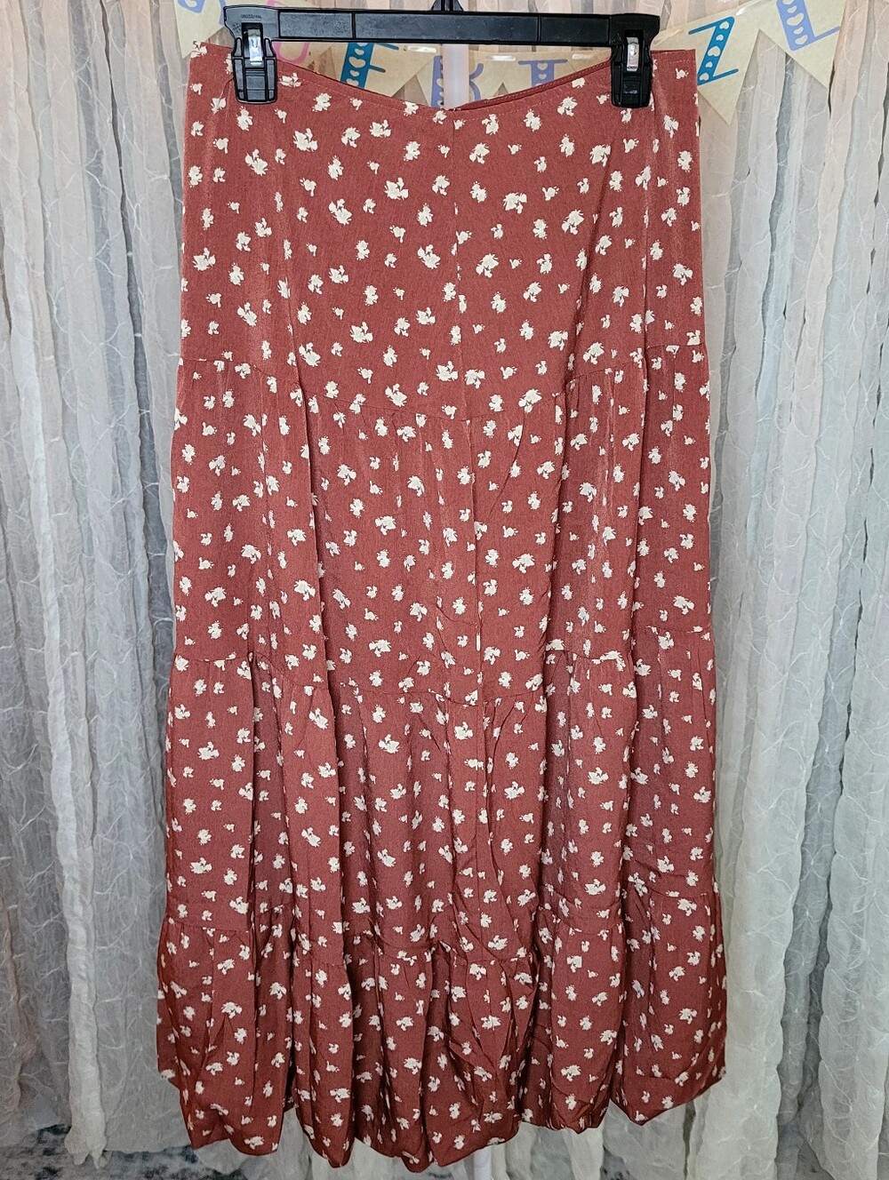 La February Rust Red Floral Bubble Hem Tiered Maxi Skirt M Cottage